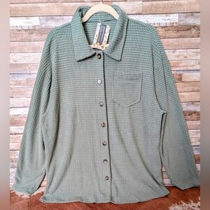 Green Button-Up Waffle Knit Shirt